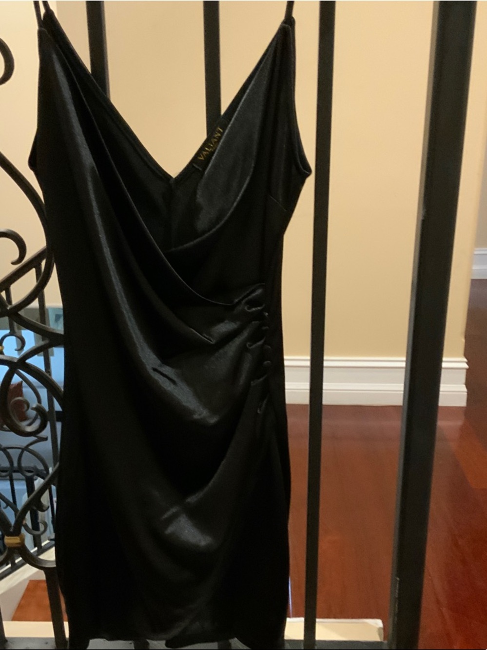 Black Satin Cowl Mini Dress with Side Button Detail